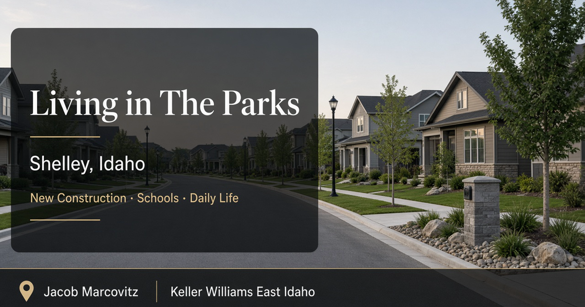 New construction neighborhood street in The Parks, Shelley, Idaho — living guide for relocating families — Jacob Marcovitz, Keller Williams East Idaho
