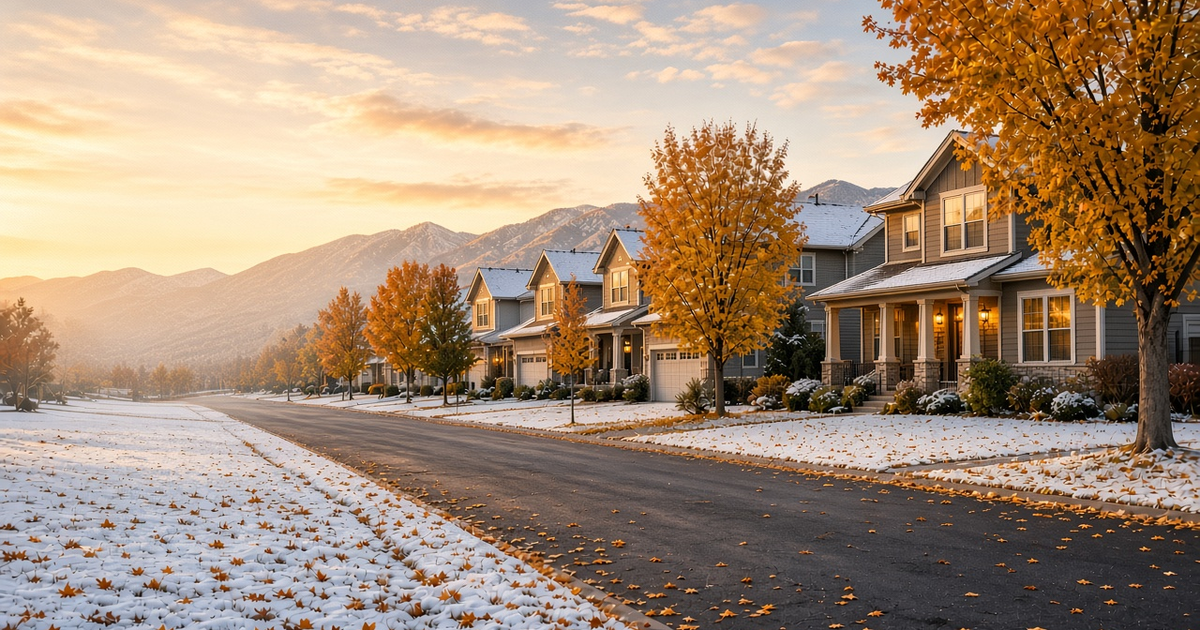 Quiet East Idaho neighborhood street with fall leaves and a light dusting of snow