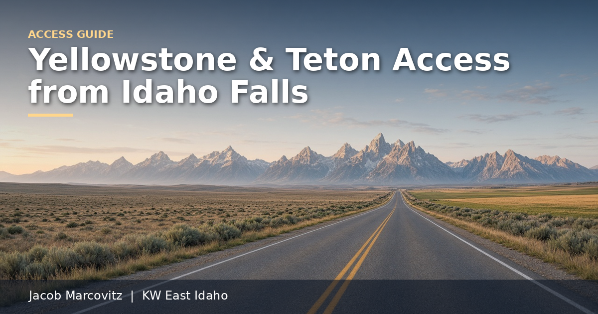 Open highway through eastern Idaho sagebrush toward the Teton Range, the guide to Yellowstone and Grand Teton access from Idaho Falls from Jacob Marcovitz, Keller Williams East Idaho.