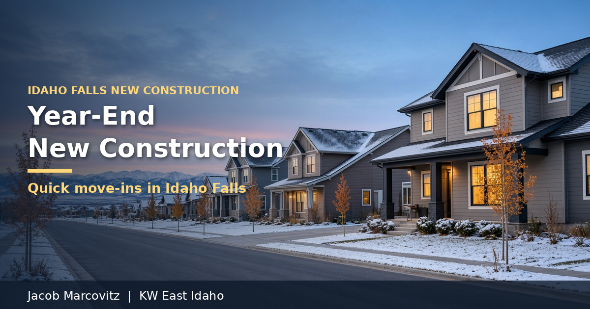 Snow-dusted new two-story homes along a quiet street at twilight in Idaho Falls, with autumn trees and mountains; overlay text reads Idaho Falls New Construction, Year-End New Construction, Quick move-ins in Idaho Falls, Jacob Marcovitz | KW East Idaho