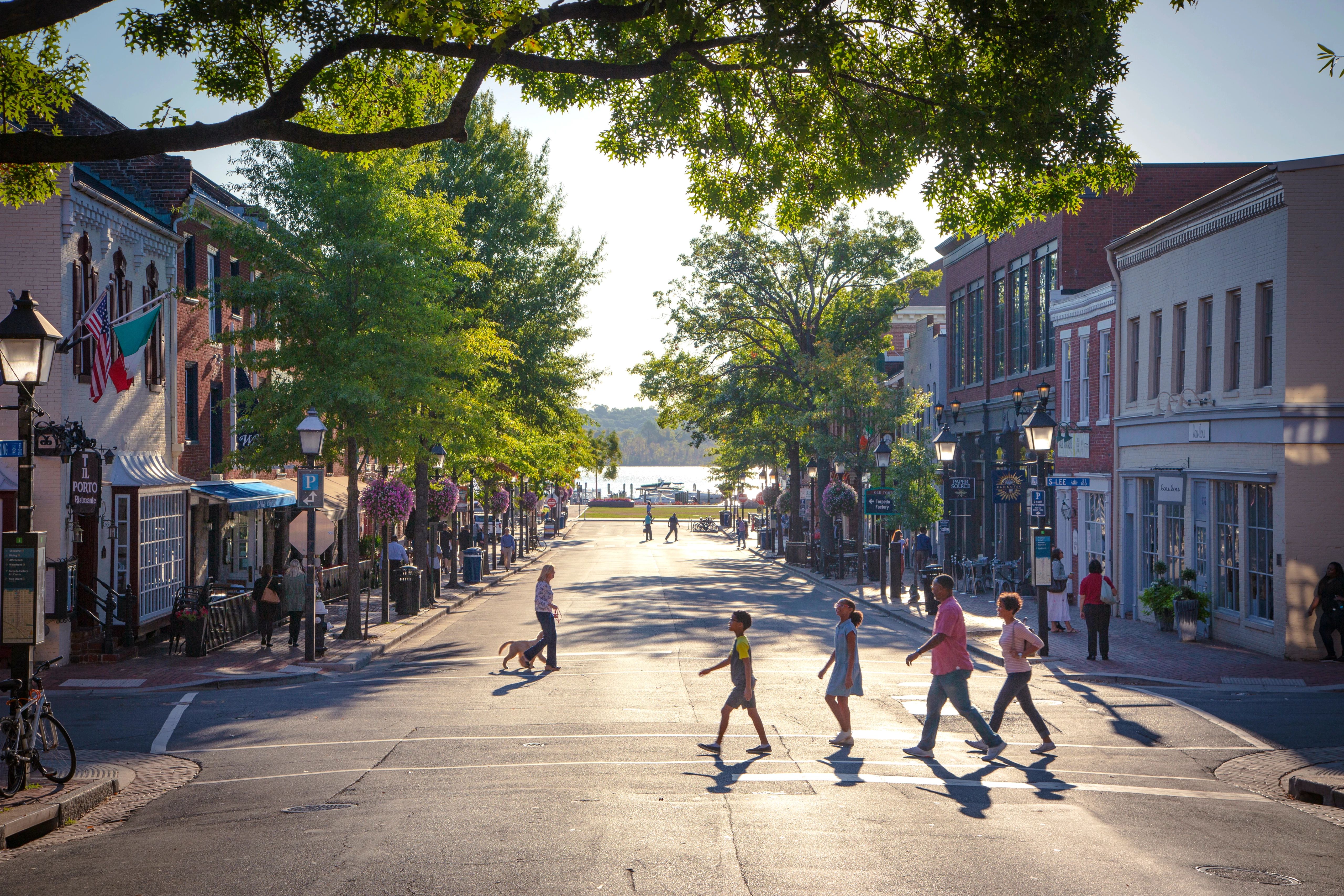 Walkable Northern Virginia neighborhood with shops, cafes, and pedestrians on the sidewalk