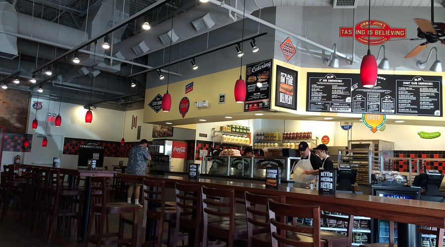 Interior view of a Jimmy John's restaurant, representing one of the existing dining options within the Dulles Expo Shopping Center in Chantilly, part of the competitive landscape for the proposed new IKEA restaurant.