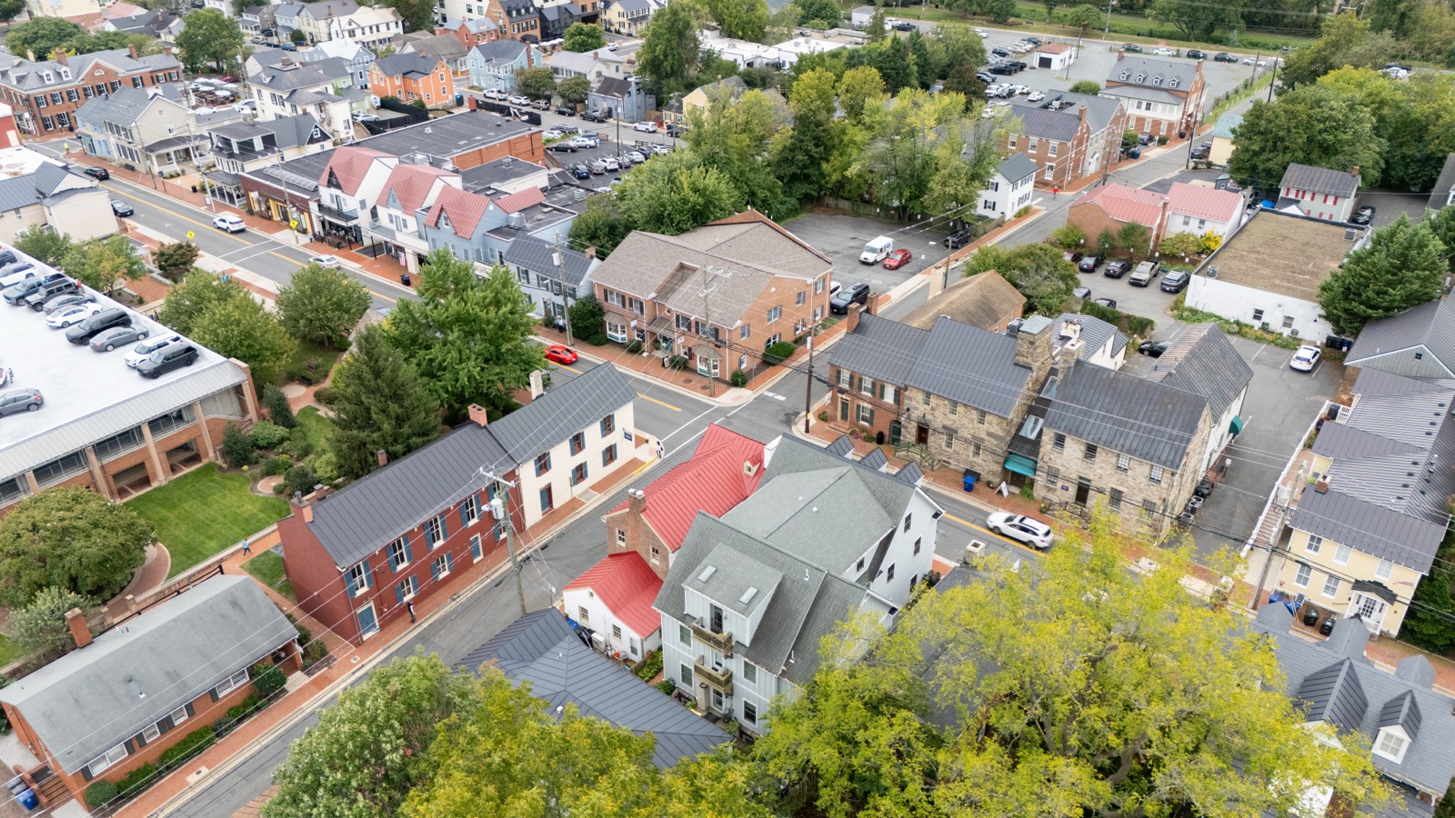Aerial view of historic buildings and streets in downtown Leesburg, Virginia