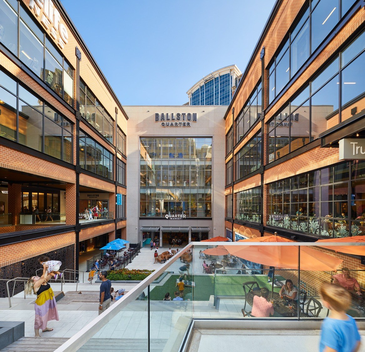 Outdoor dining and shopping courtyard at Ballston Quarter in Arlington