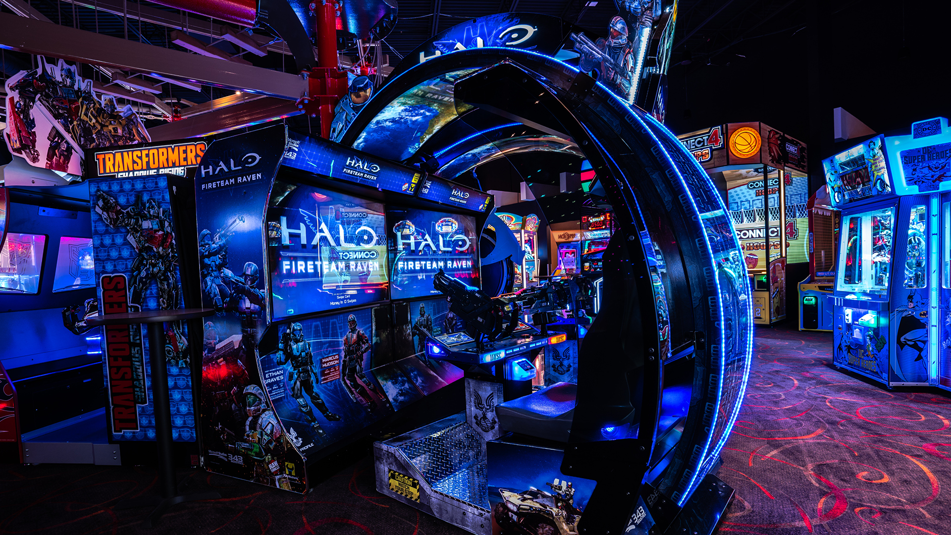 The state-of-the-art video game room at PINSTACK featuring a Halo Fireteam Raven arcade game, part of the new entertainment in Loudoun.