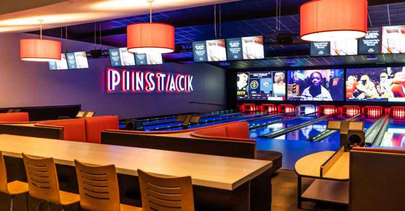 The upscale VIP bowling lanes at PINSTACK, showcasing the modern entertainment and private event spaces coming to Loudoun County.