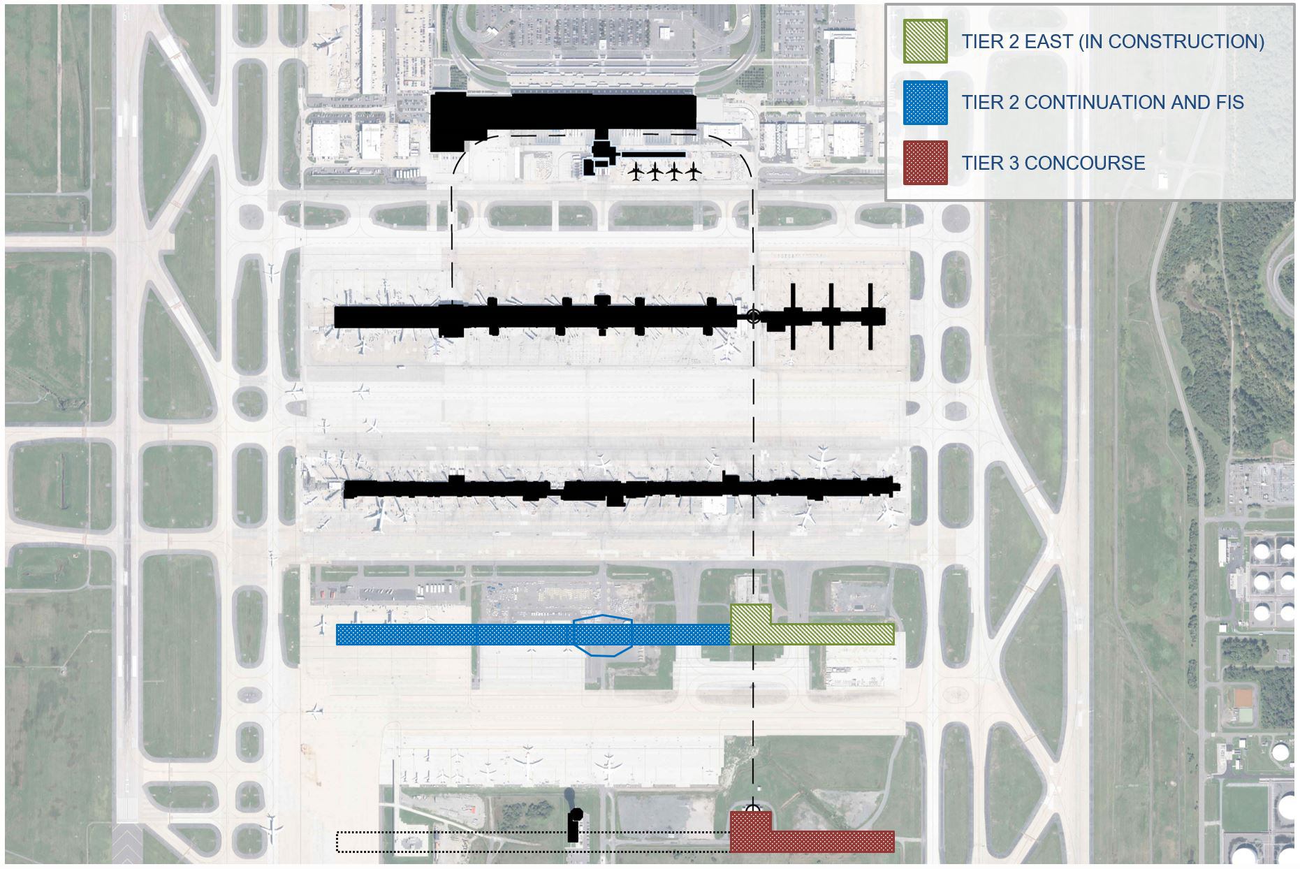 Site plan from the Dulles Airport Master Plan showing the phased construction of Tier 2 and Tier 3 concourses, key components of the multi-billion dollar expansion.
