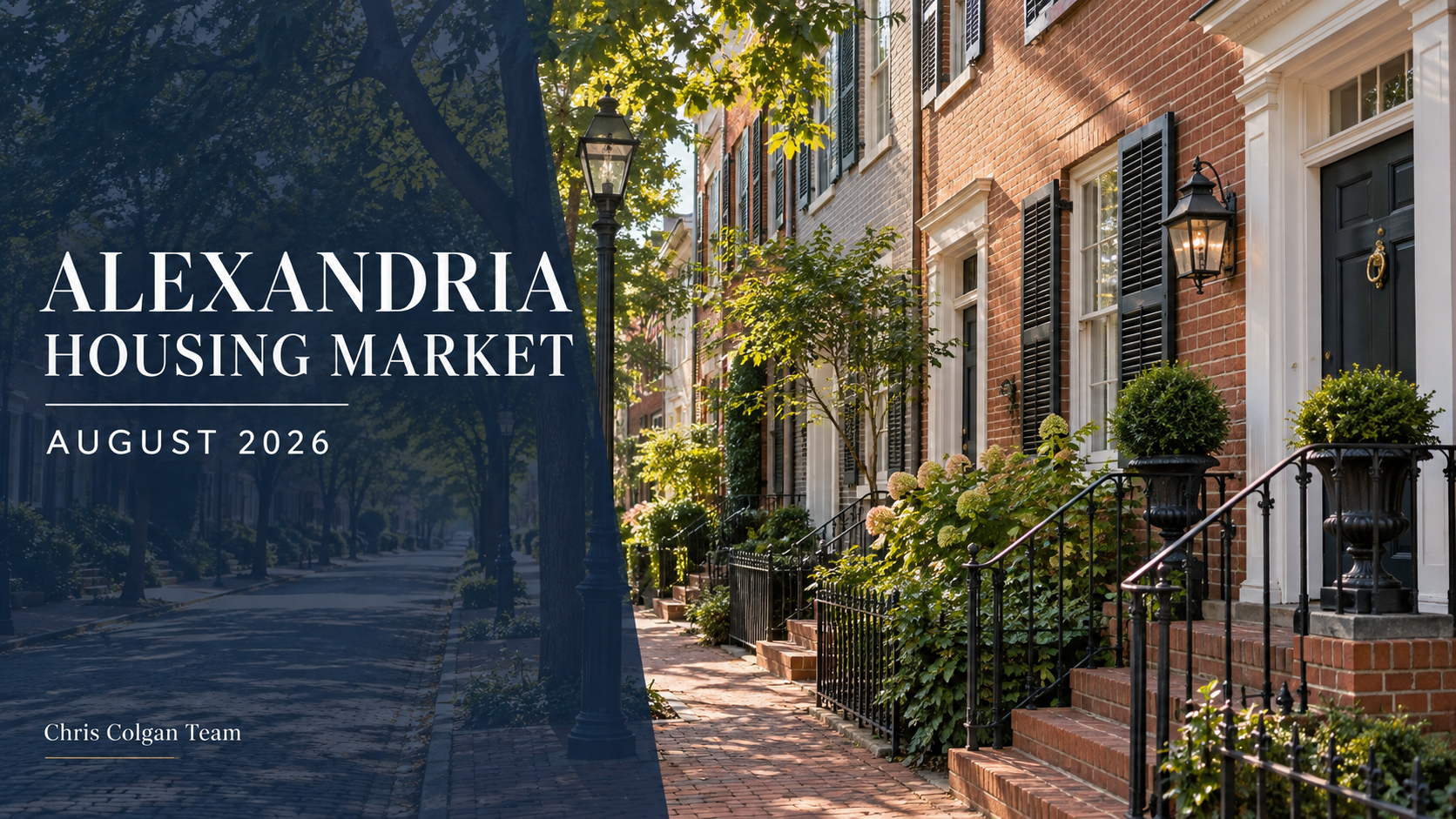 AI-generated Alexandria-inspired brick rowhomes with August 2026 housing market title