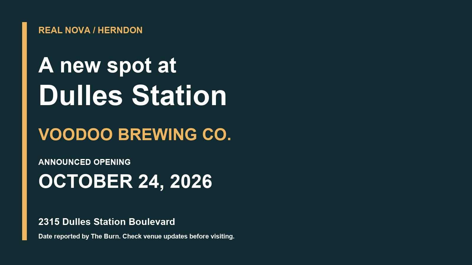 Opening-date graphic: Voodoo Brewing announces October 24, 2026 in Herndon at 2315 Dulles Station Boulevard.