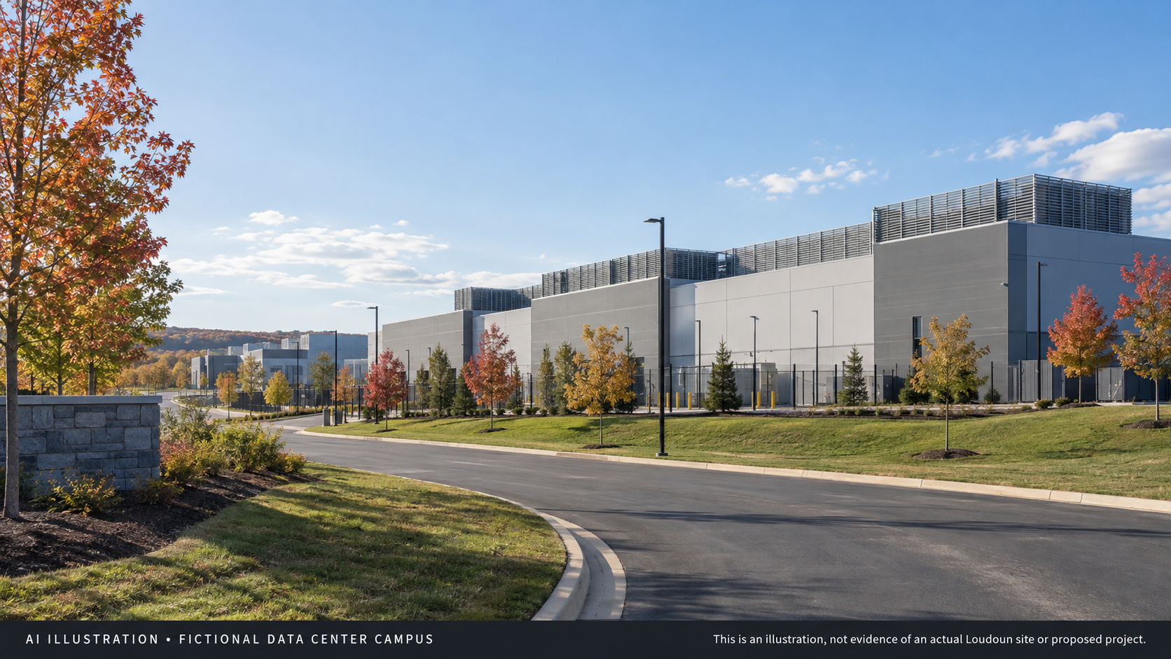 AI illustration of a fictional data-center campus inspired by eastern Loudoun; not an actual facility or proposal