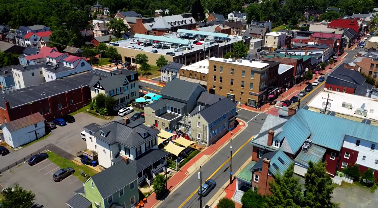 Aerial view of historic downtown Leesburg, Virginia, from the Chris Colgan Team photo collection