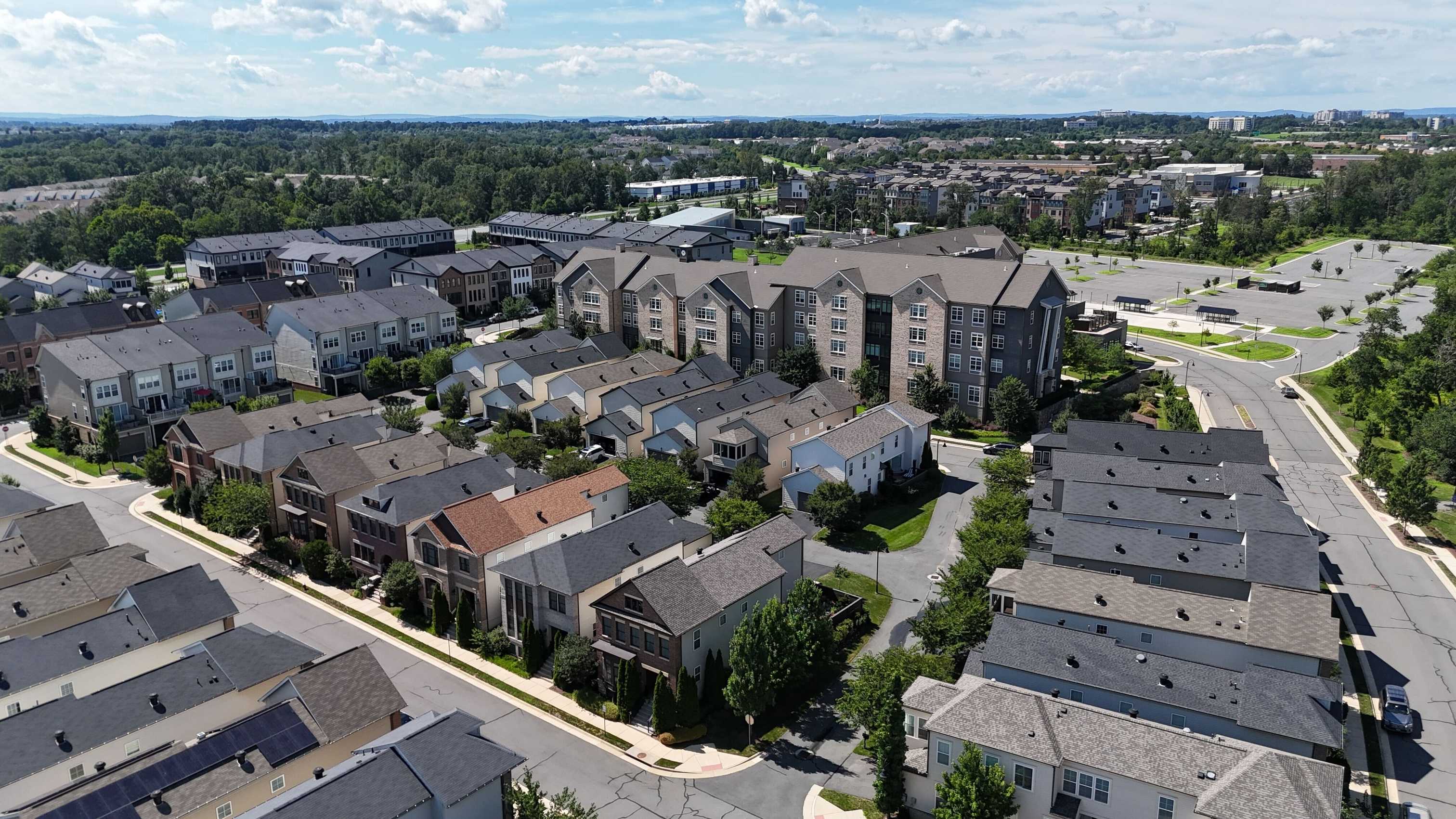 Aerial view of homes and buildings at One Loudoun in Ashburn, Virginia
