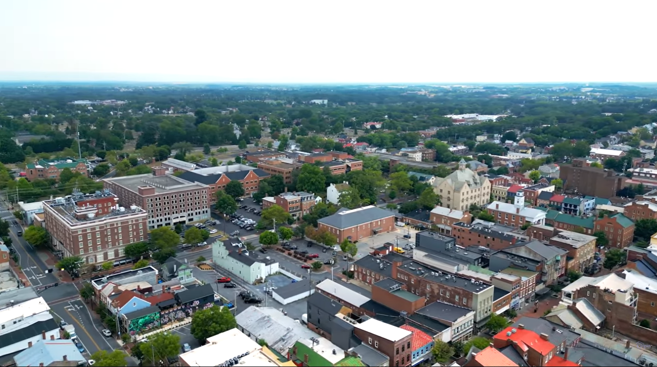 Aerial view of historic buildings and streets in Old Town Winchester, Virginia