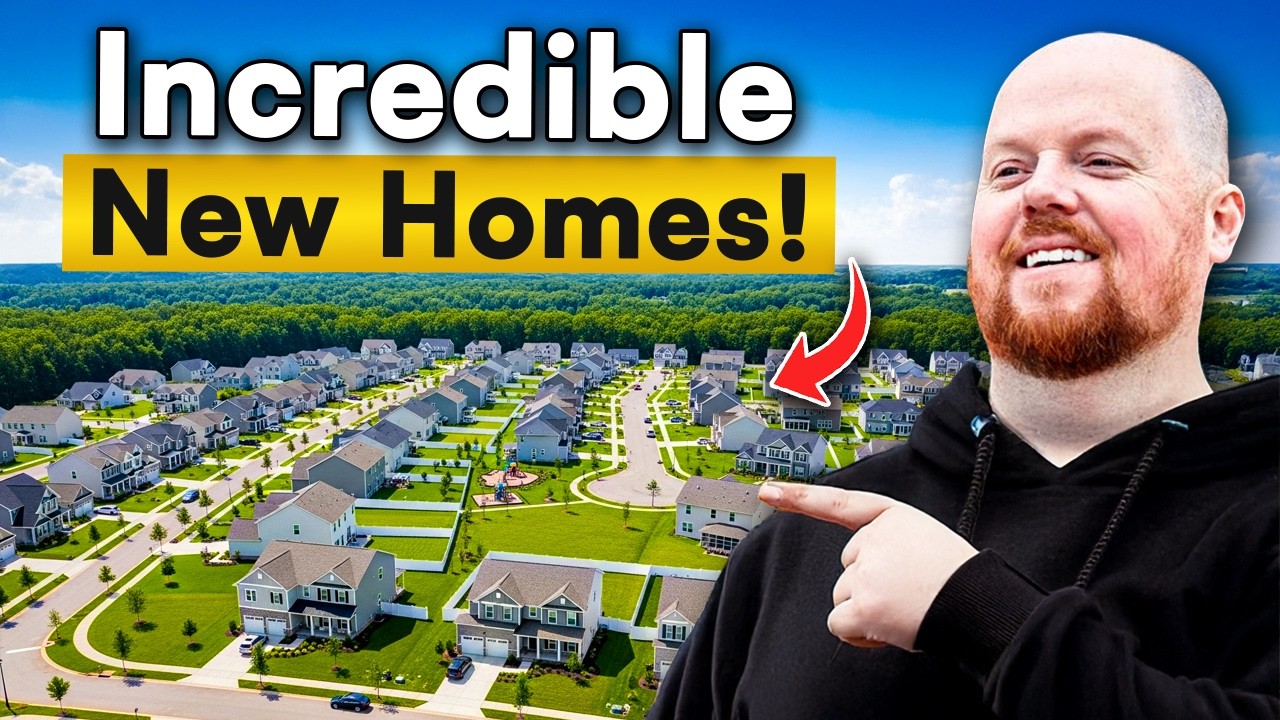 Realtor Chris Colgan smiling and pointing at an aerial shot of a new suburban housing development, with text overlay reading 'Incredible New Homes!'.