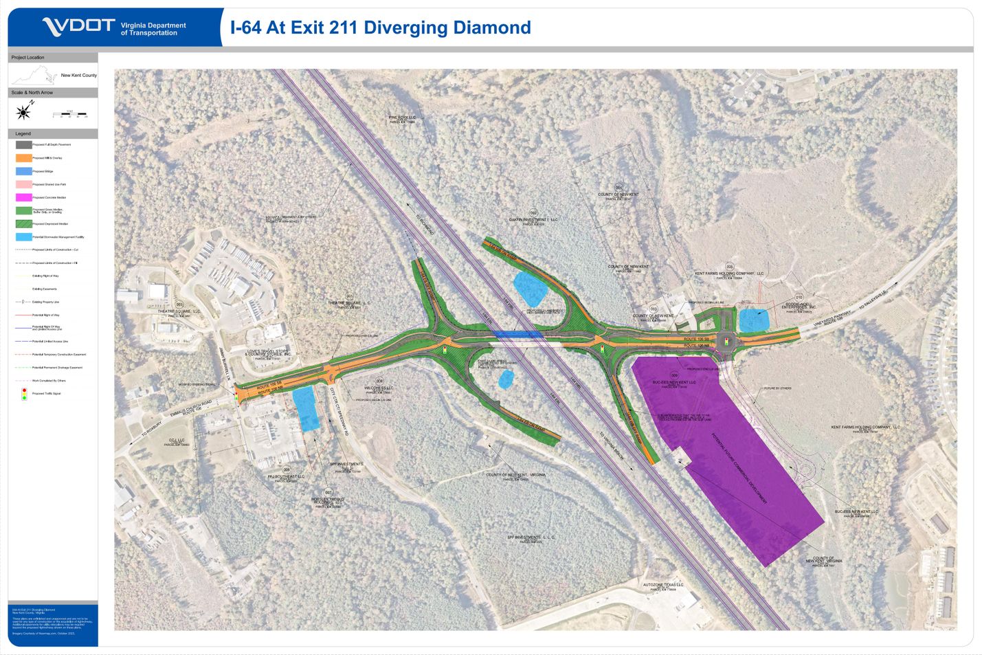 VDOT concept sketch of the proposed I-64 Exit 211 diverging diamond interchange in New Kent; planning illustration, not completed construction.
