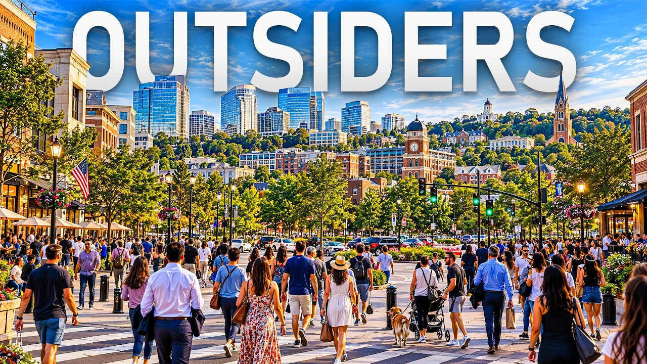 Northern Virginia skyline and crowds with the word Outsiders