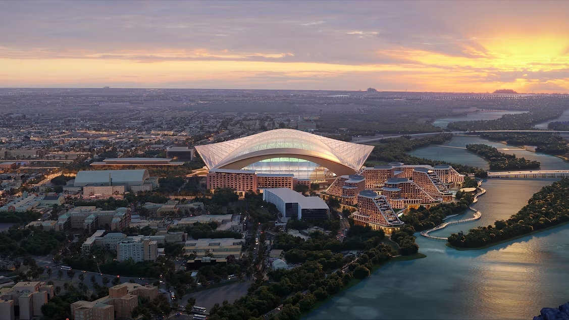Aerial view of RFK Stadium site in Washington D.C., with open land surrounding the old stadium, future site of new Commanders stadium.