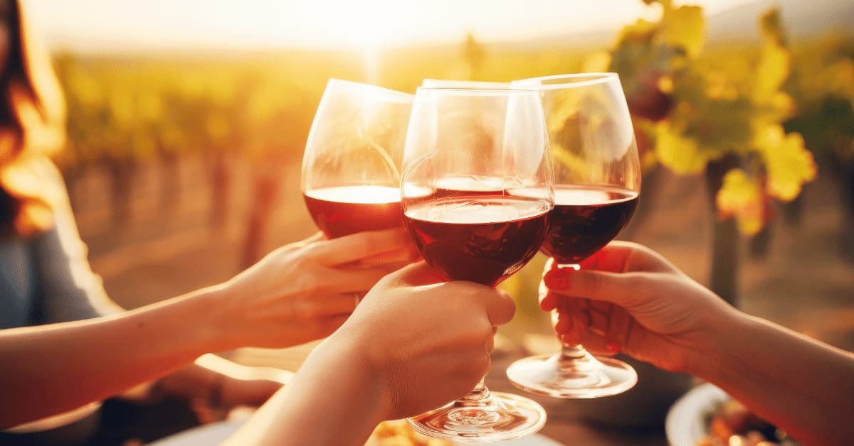 Friends toasting red wine glasses at Purcellville Wine and Food Festival at sunset