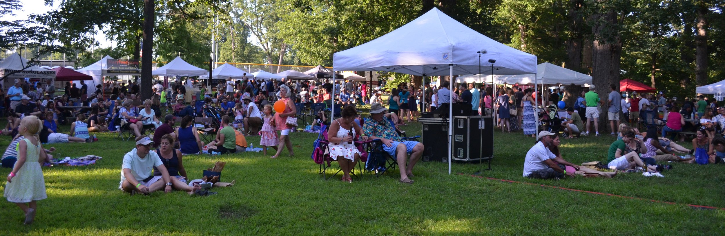 Large crowd gathered on green lawn at Purcellville Wine and Food Festival with tents and stage