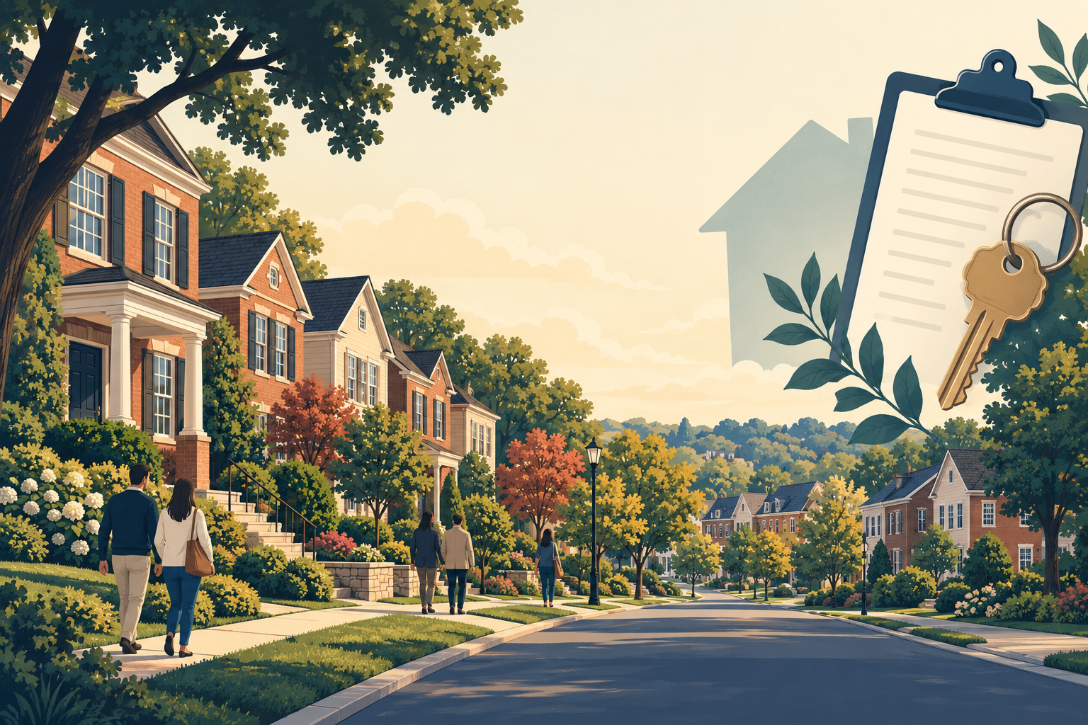 AI-generated illustration of home shoppers on a leafy suburban street with a clipboard and key; not an actual Fairfax County property.
