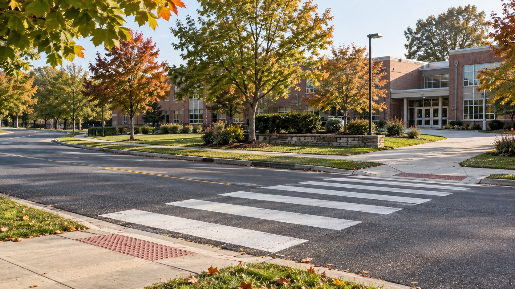 AI-generated illustration of a generic suburban school crosswalk; not an actual Fairfax County campus