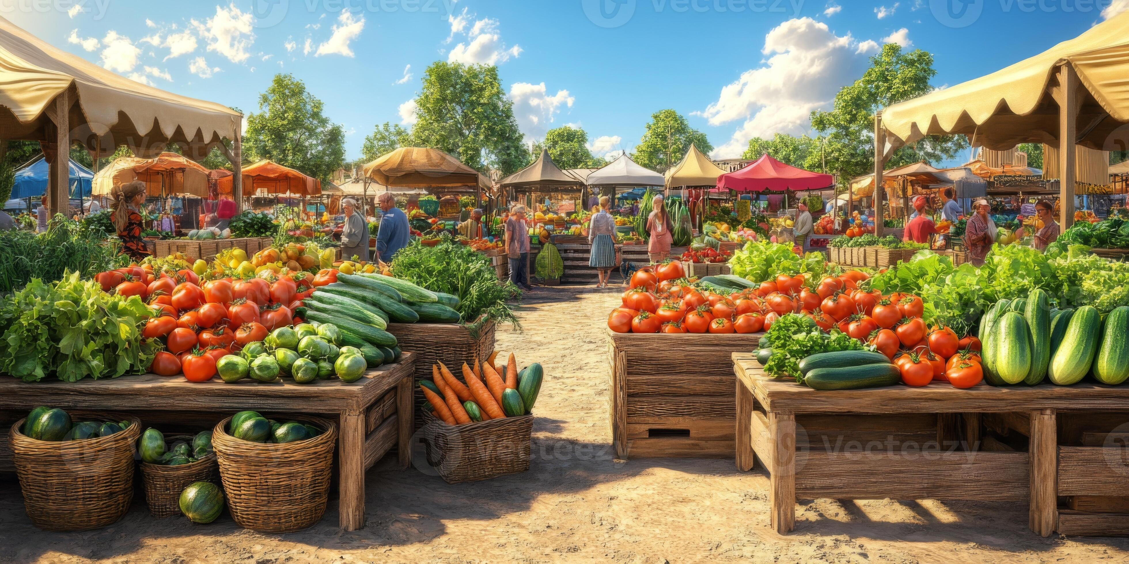 A busy spring farmers market in Northern Virginia with fresh produce, flowers, and shoppers enjoying the sunny weather.