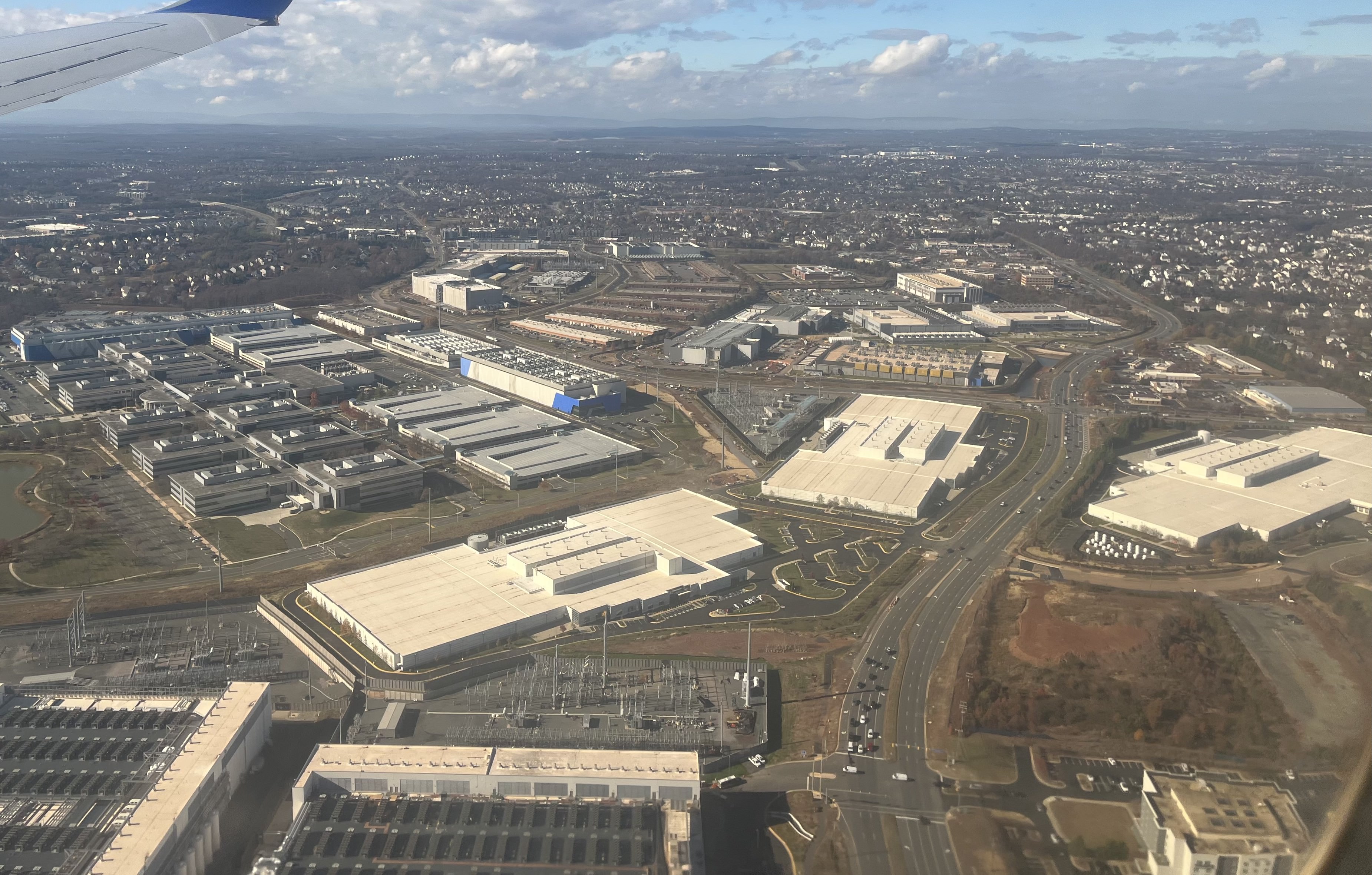 Aerial view of data centers and other commercial buildings near Ashburn, Loudoun County, Virginia.