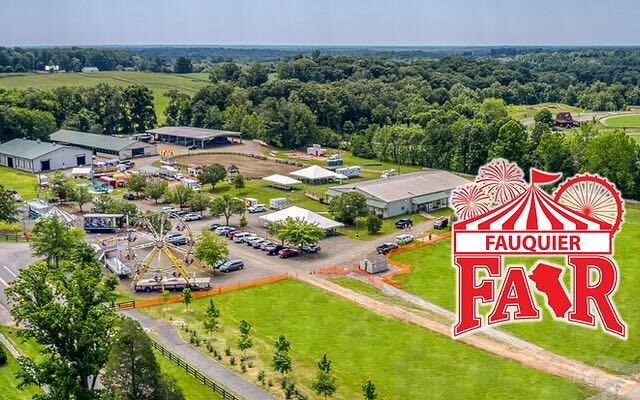 An aerial view of the Fauquier Fair in Fauquier County, Virginia, showing the fairgrounds with carnival rides, a Ferris wheel, and event tents, with the official Fauquier Fair logo in the corner.