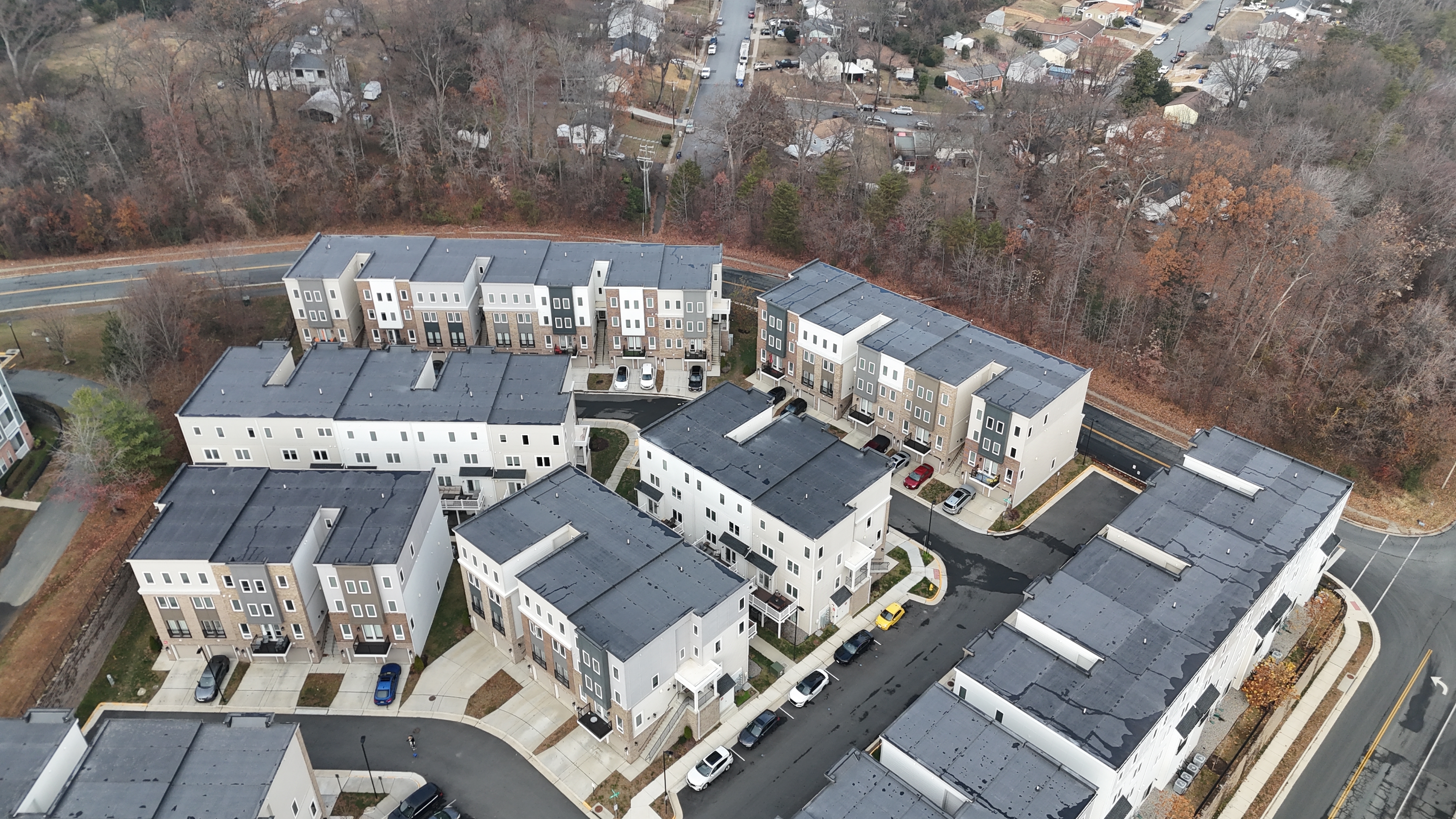 Aerial view of Rippon Landing townhomes in Woodbridge, Virginia; representative neighborhood image, not off-market inventory