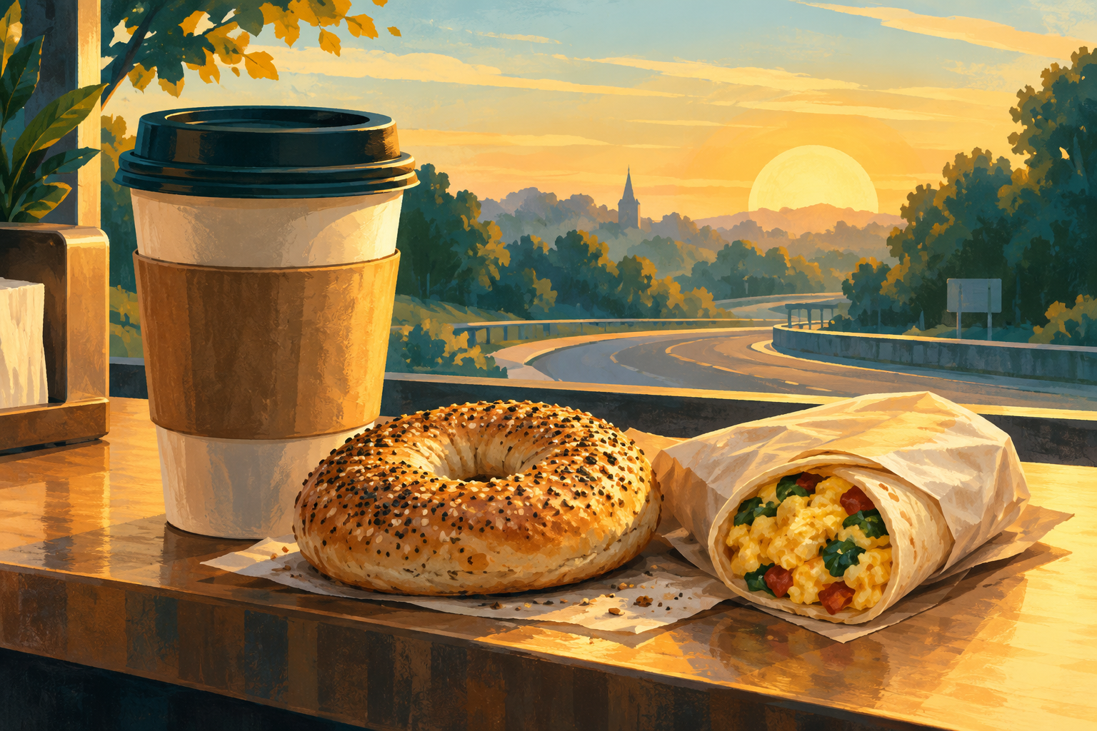 AI-generated illustration of coffee, a bagel and a breakfast burrito at sunrise; not the actual SHOTTED location.