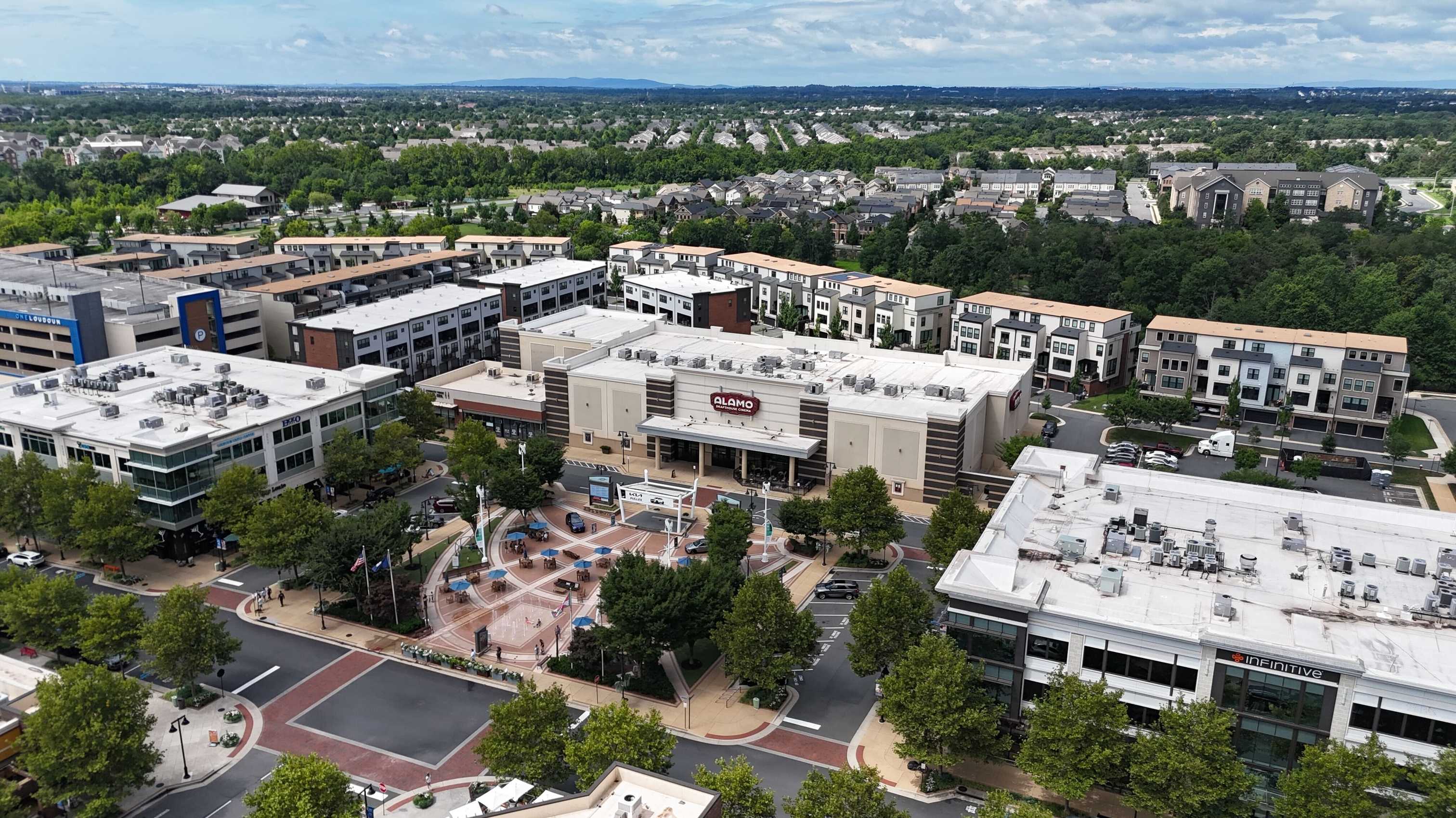 Aerial view of One Loudoun town center and surrounding homes in Ashburn, Virginia
