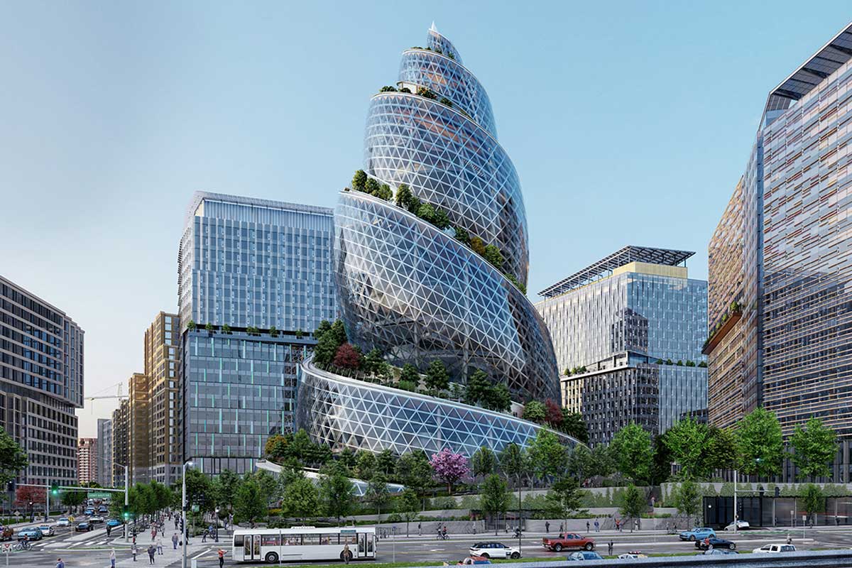 The future of Arlington, VA: The Helix tower at Amazon's HQ2, the anchor of a thriving, transit-oriented community with new residential and retail development.