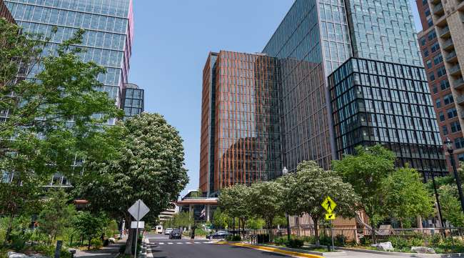 A photo of the new Amazon office buildings and green streetscape at the National Landing development in Arlington, Virginia.