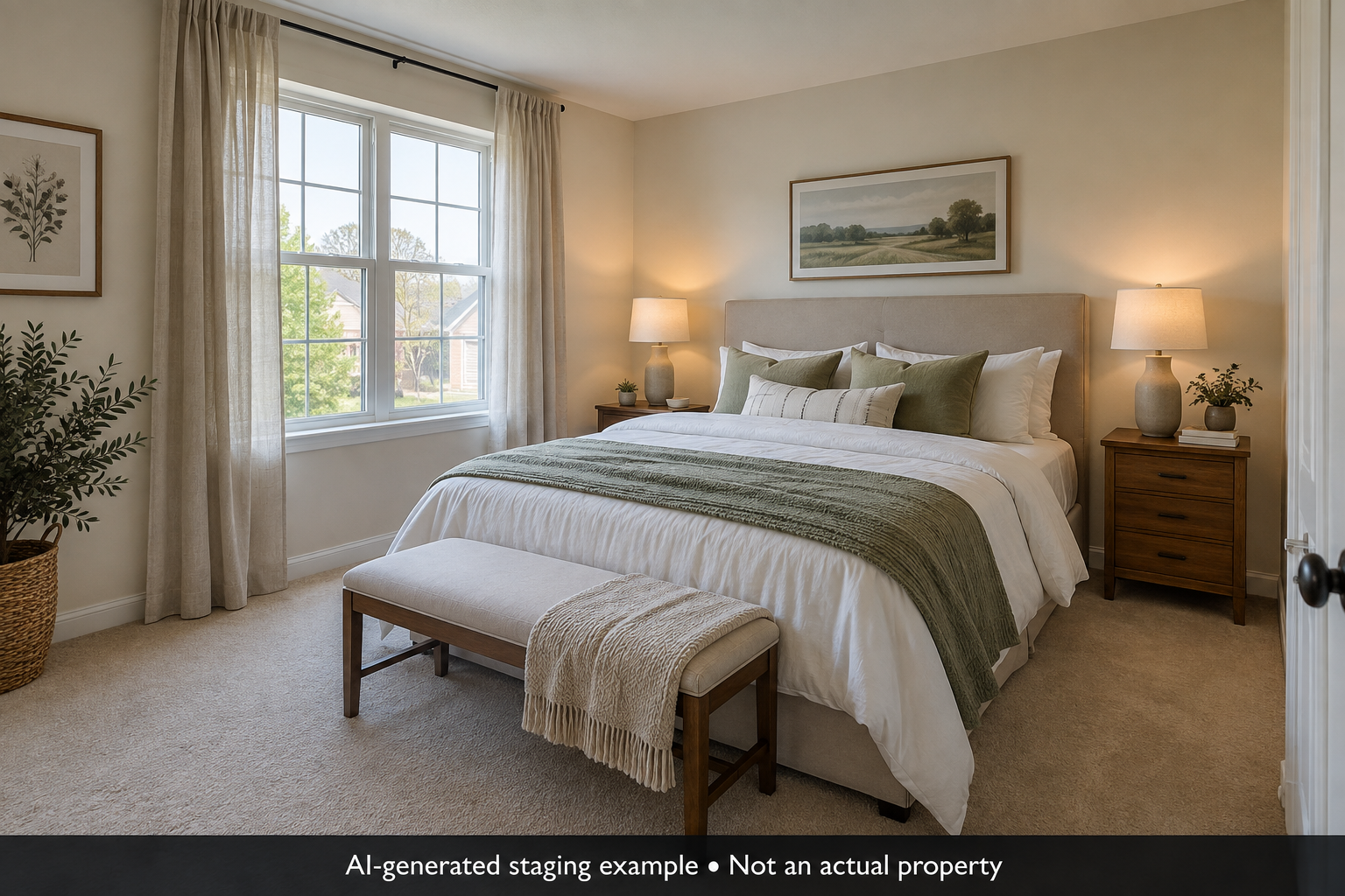 AI-generated staging example of a fictional bedroom; not an actual property