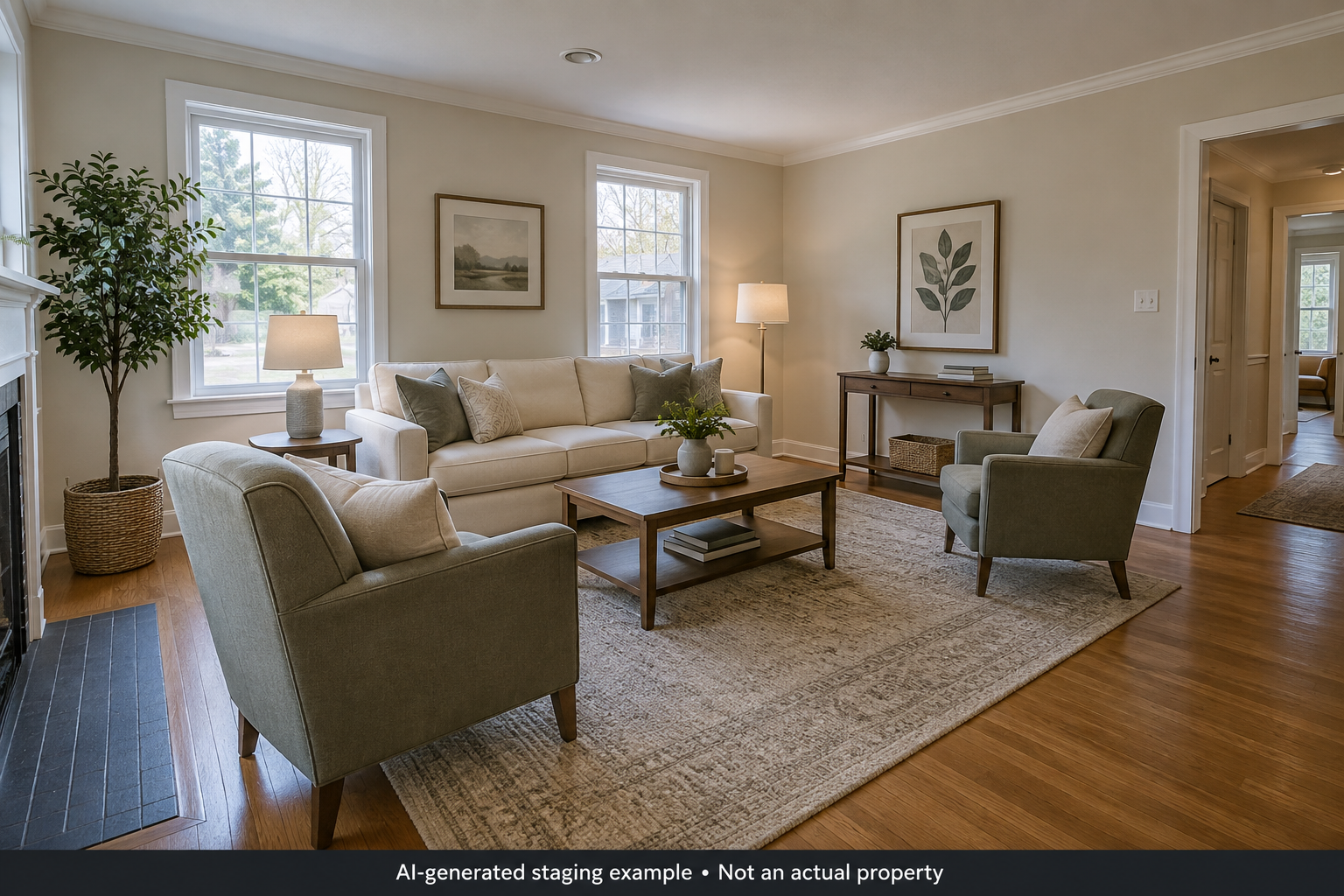 AI-generated staging example of a fictional living room; not an actual property
