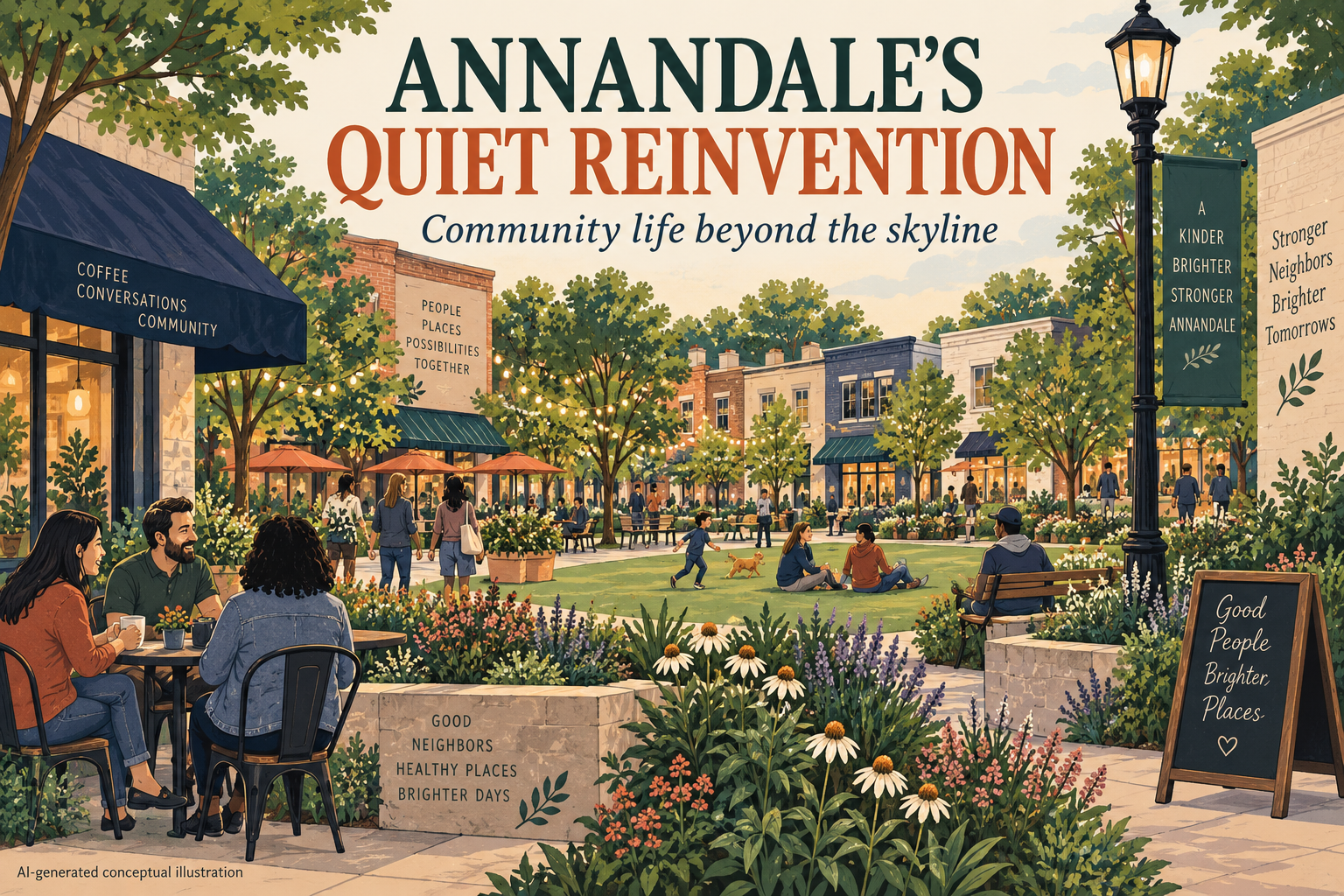 AI-generated conceptual illustration of a welcoming neighborhood plaza; not a depiction of Eileen Garnett Civic Space in Annandale.