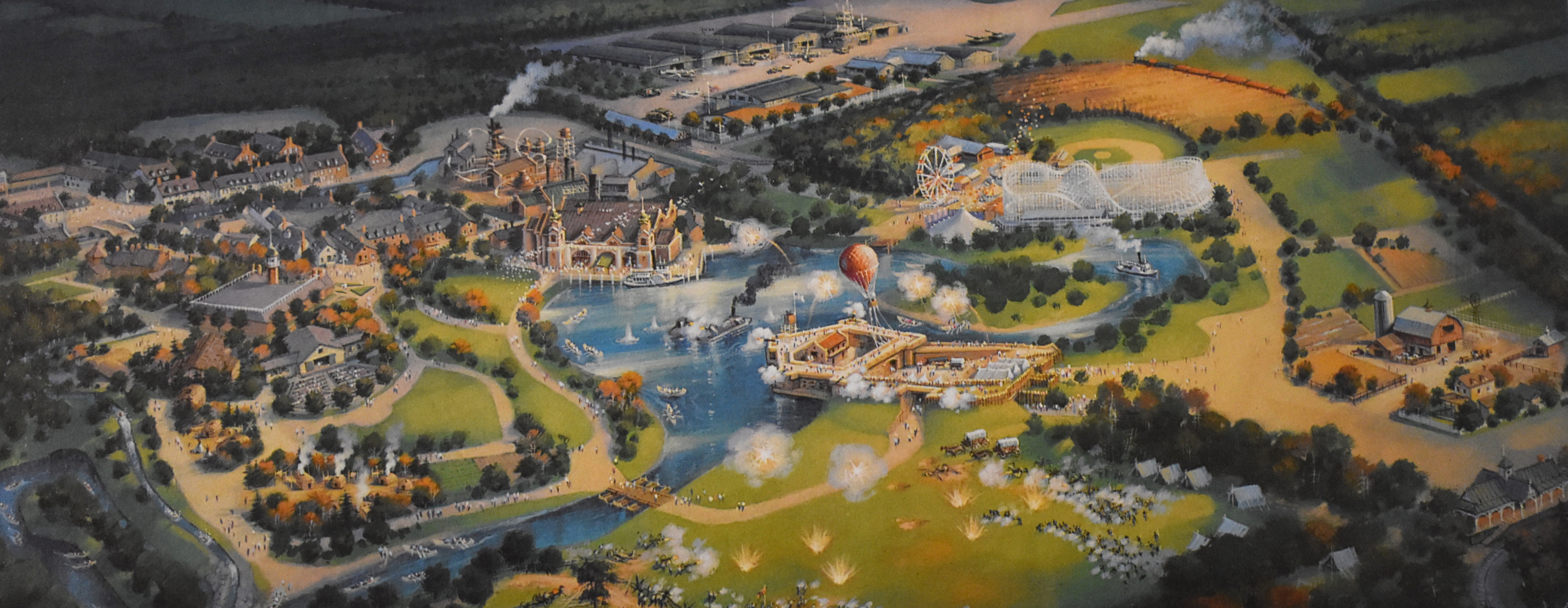An illustrated overview map of the entire proposed layout for the Disney's America theme park in Virginia.