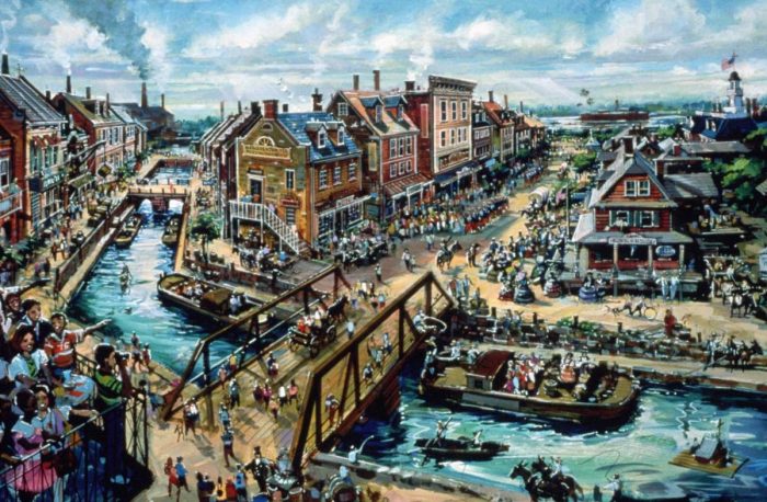 Stylized concept art of a Disney theme park set in Haymarket, VA, featuring Civil War encampments, colonial buildings, and a rural Virginia backdrop.