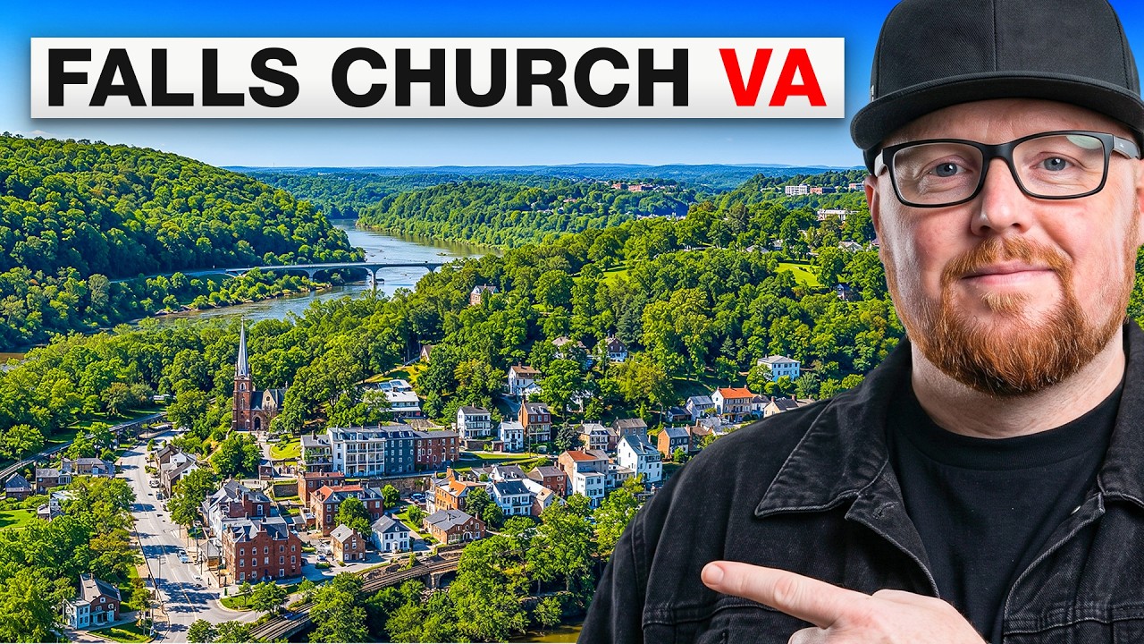 Chris Colgan points toward an aerial view of Falls Church, Virginia