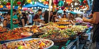 People enjoying international food at an outdoor festival in Northern Virginia