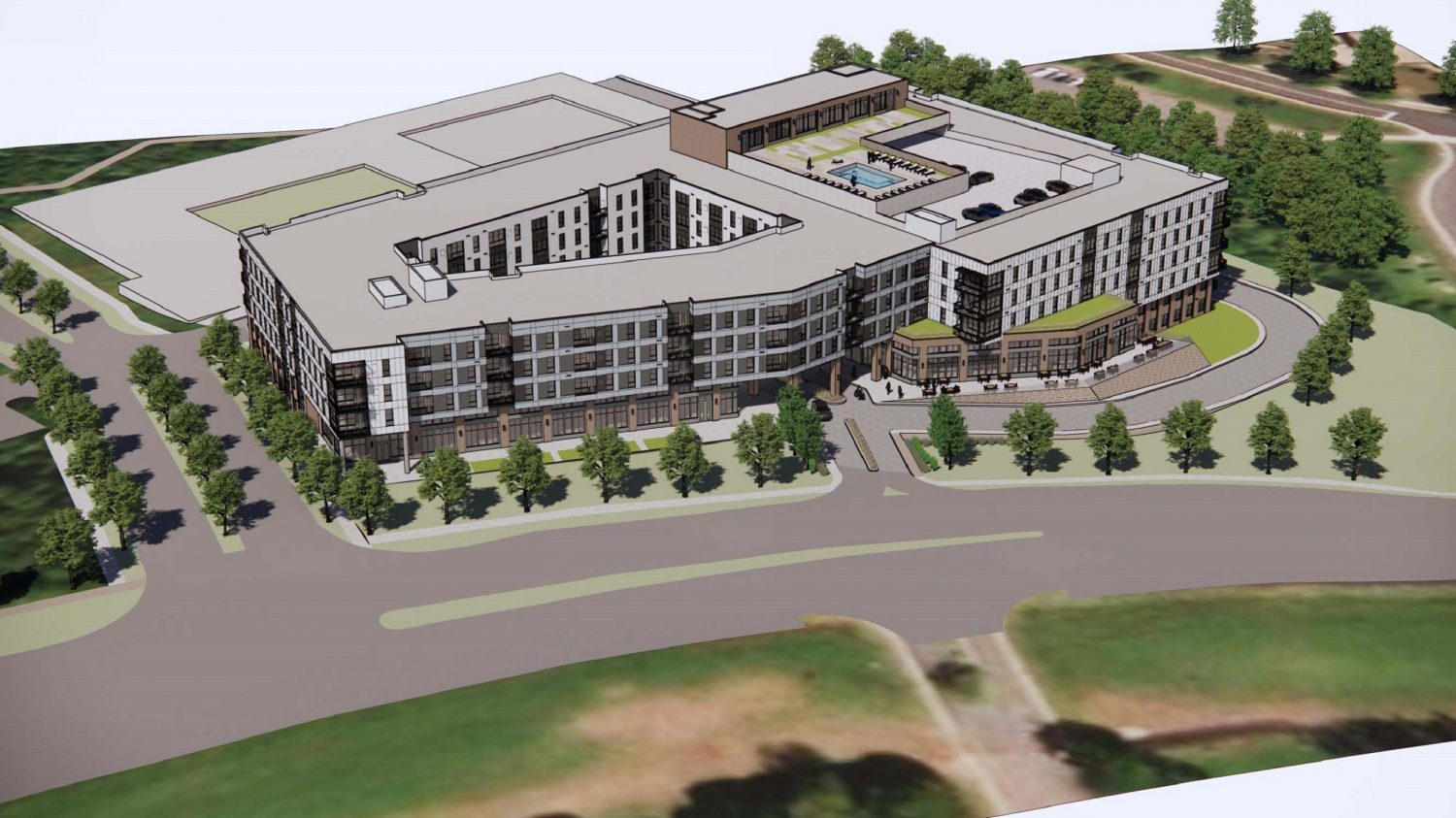 Aerial rendering of Building C at the George Mason University Prince William Campus, showing a modern L-shaped building with a rooftop pool and patio.