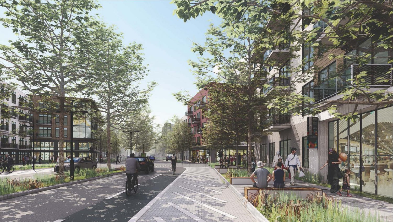 A 3D rendering of the planned mixed-use development at George Mason University's Prince William Campus, showing a street-level view with modern buildings, retail shops, and wide sidewalks.