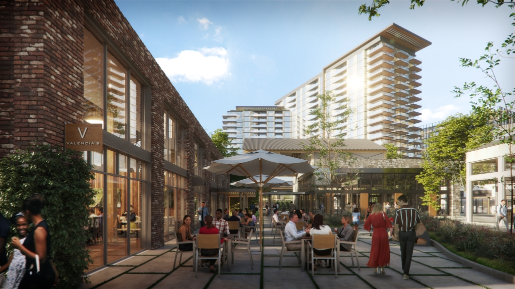 Rendering of Rivana Village's pedestrian courtyard featuring outdoor dining spaces surrounded by modern mixed-use buildings and lush greenery.