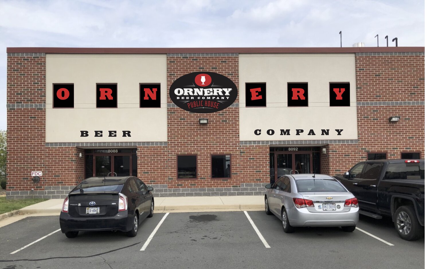 The storefront of Ornery Beer Company Public House, a craft brewery located in Fairfax, VA.