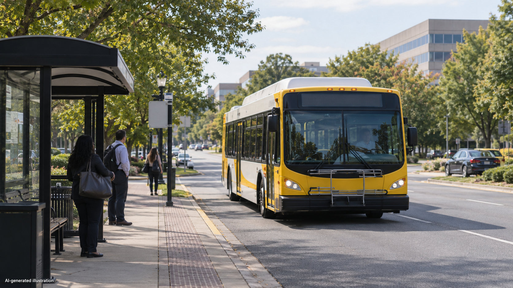 AI-generated illustration of a generic bus and shelter in a fictional Northern Virginia streetscape