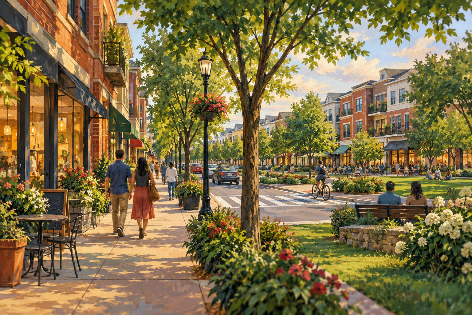 AI-generated conceptual illustration of a leafy mixed-use neighborhood with connected sidewalks, shops and a small green; not an actual Fairfax development.