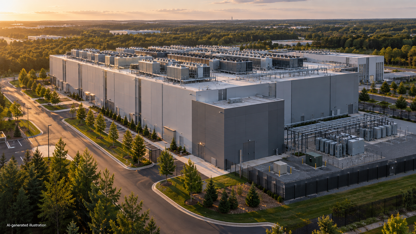 AI-generated aerial illustration of an imagined Ashburn-area data center with rooftop cooling equipment