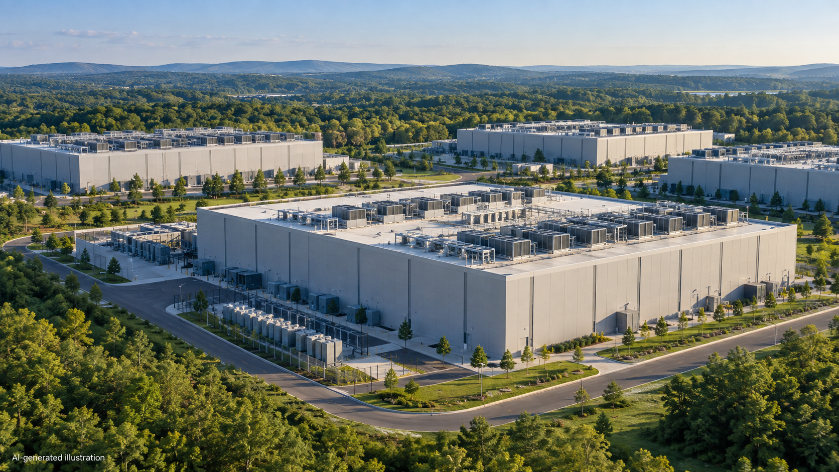 AI-generated aerial illustration of an imagined Ashburn-area data center campus