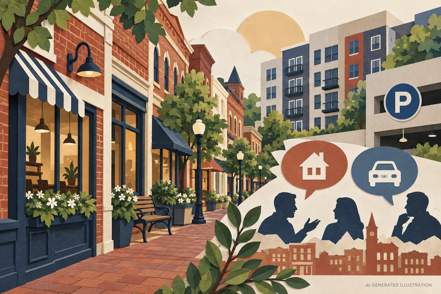 AI-generated conceptual illustration of downtown storefronts, apartments and parking; not the actual Manassas project design.