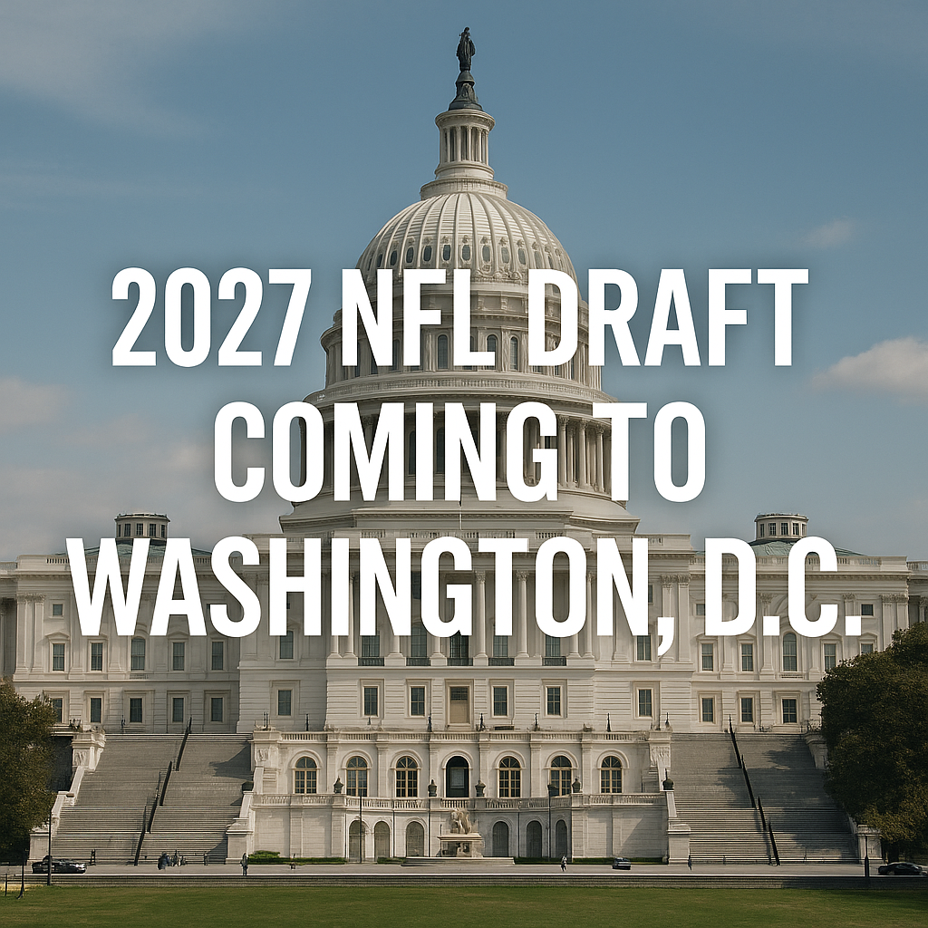 A large crowd gathers on the National Mall in Washington, D.C. for a major NFL Draft event, with iconic monuments in the background.